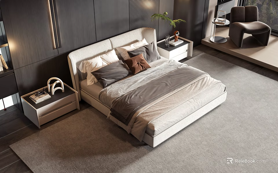 Modern Double Bed with Gray Bedding Nightstands Potted Plant Headphones and Book in Dark Bedroom 3d model 
