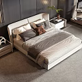 Modern Double Bed with Gray Bedding Nightstands Potted Plant Headphones and Book in Dark Bedroom