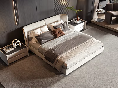 Modern Double Bed with Gray Bedding Nightstands Potted Plant Headphones and Book in Dark Bedroom 3d model