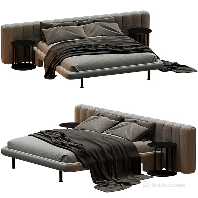 Modern Double Bed With Upholstered Headboard Neutral Tones Side Tables And Throws 3d model