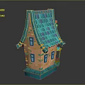 Cartoon Fairy Tale House with Orange Walls Blue Tiled Roof Windows and Door