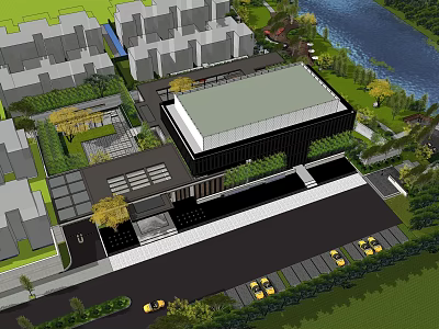Modern Sales Office Building With Green Roof Black Exterior Near Water Parking Lot Yellow Cars 3d model