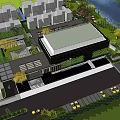 Modern Sales Office Building With Green Roof Black Exterior Near Water Parking Lot Yellow Cars