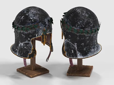 Two Vintage Metal Helmets With Green Leaf Accents On Wooden Stands 3d model