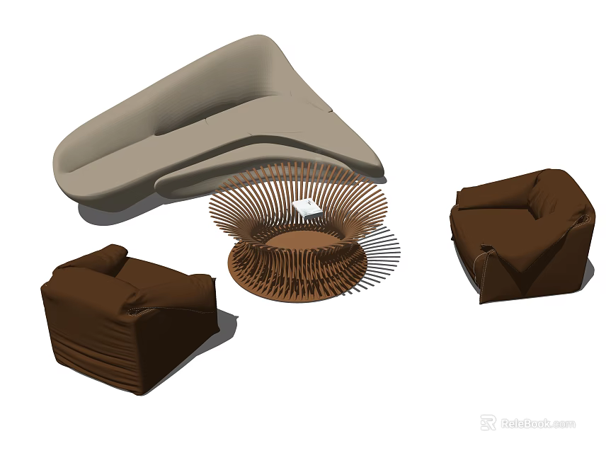 Modern Sofa And Coffee Table Set With Light Colored Sofa Brown Armchairs And Woven Table 3d model