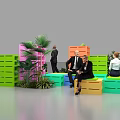 Colorful Landscape Seats With People Relaxing And Green Plants In Public Area