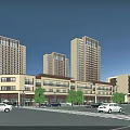 Modern Commercial Street With High Rise Buildings Low Rise Structures Cars And Trees