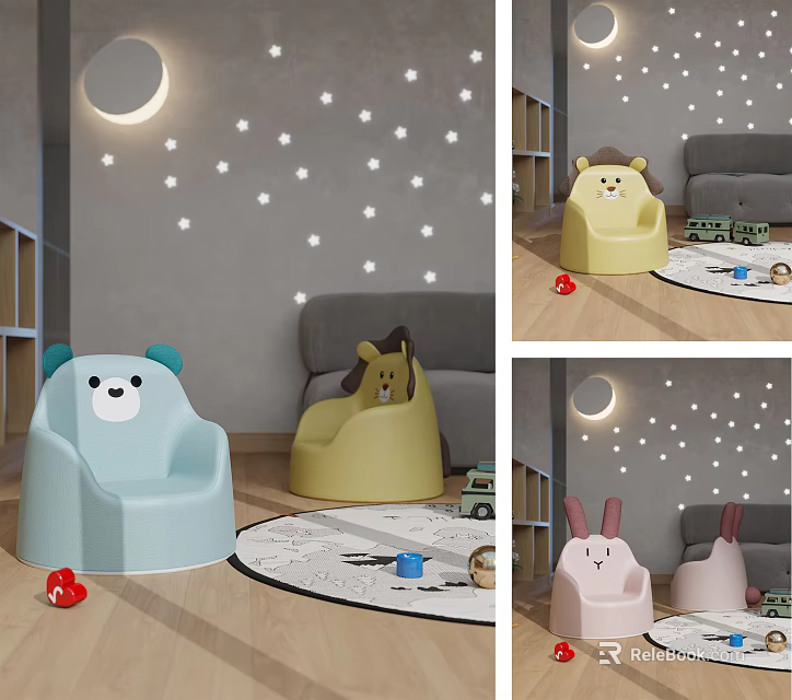 Playful Animal Shaped Colorful Kids Single Sofa For Children's Room Decor 3d model 