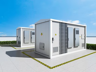 Outdoor Public Electrical Enclosures With White Exteriors Yellow Warning Lines Blue Sky And Green Shrubs 3d model