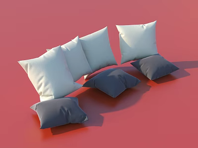 Multiple White and Gray Decorative Pillows Arranged on Red Background 3d model