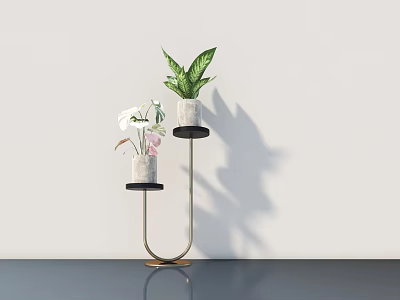 Modern Metal Plant Stand With Two Bonsai Potted Plants Green Leaves And White Flowers 3d model
