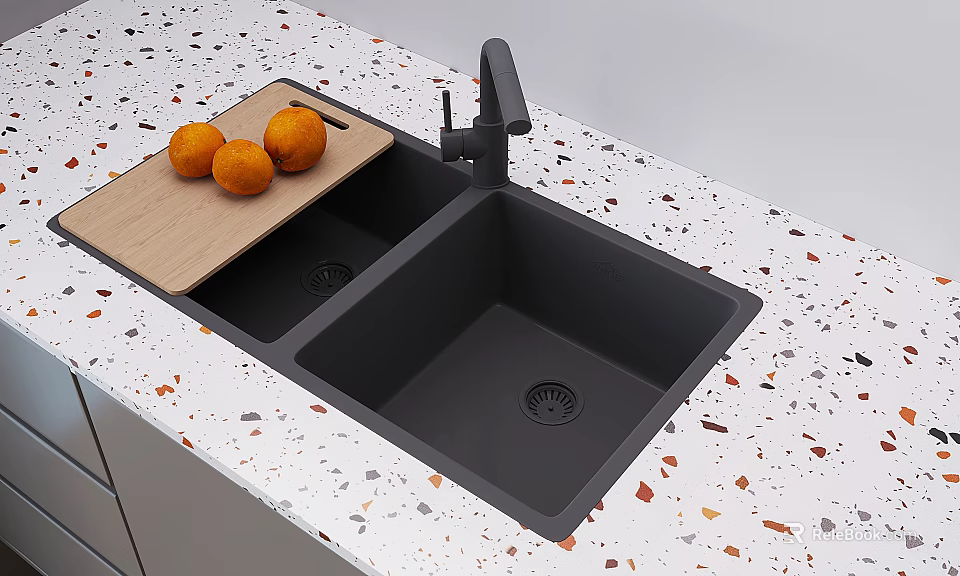 Modern Faucet Over Black Kitchen Sink On Terrazzo Countertop With Wooden Cutting Board And Oranges 3d model 