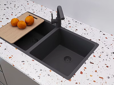 Modern Faucet Over Black Kitchen Sink On Terrazzo Countertop With Wooden Cutting Board And Oranges 3d model
