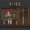 Cartoon Scene With Girl Red Curly Hair Green Skirt Small Puppy Wooden Crates And Staircase
