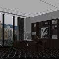 Dark Wooden Executive Office Desk With iMac Globe Bookshelf Potted Plant And Chinese Landscape Painting