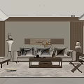 Elegant Modern Living Room With Chinese Elements Beige Sofa Wooden Coffee Table Floor Lamp And Bookshelf