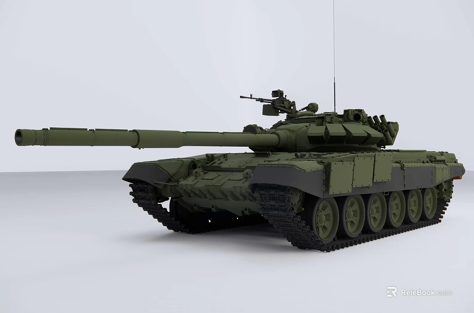 Modern Armored Military Tank With Long Barrel Turret Green Camouflage Tracks 3d model 