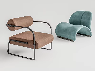 Modern Brown and Teal Upholstered Leisure Chairs with Metal Frame and Curved Design 3d model