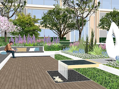 Serene Residential Landscape With Flowering Shrubs Trees Wooden Deck Seating Area And Modern Architecture Sculpture 3d model
