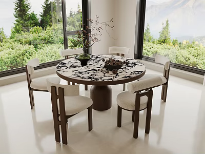 Round Patterned Marble Dining Table Set With Six White Cushioned Wooden Chairs And Scenic Window 3d model