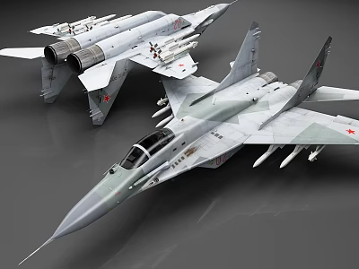 Two Military Fighter Jets With Red Star Markings And Missiles On Gray Surface 3d model