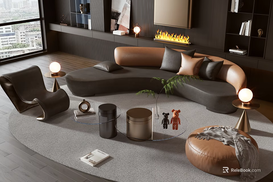 Modern Curved Sofa Coffee Table Set With Round Rug Floor Lamps And Decorative Figurines 3d model 