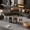 Modern Curved Sofa Coffee Table Set With Round Rug Floor Lamps And Decorative Figurines
