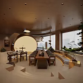Modern Clubhouse Interior With Wooden Decor Greenery And Curved Design