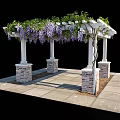 Beautiful Pergola With Green Vines Purple Flowers White Columns Red Brick Bases And Stone Floor