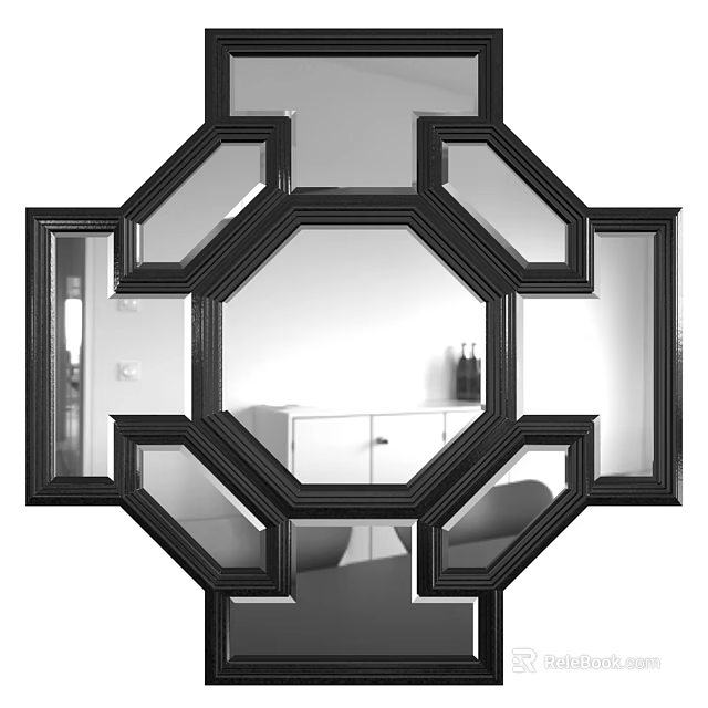 Decorative Wall Mirror With Black Frame Reflecting Cabinet And Bottles In Home Interior 3d model 