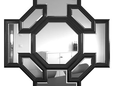 Decorative Wall Mirror With Black Frame Reflecting Cabinet And Bottles In Home Interior 3d model