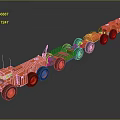 Orange Mechanical Vehicles Aligned In A Line With Multiple Wheels And Engineering Features 3d model