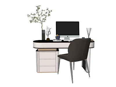 Modern Home Office Desk With Computer Monitor Plant In Vase Pen Holder Drawers And Chair 3d model