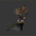 Decorative Tree With Red Umbrella Shaped Leaves On Yellow Gray Rock Base And Small Platform