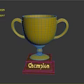 Golden Champion Trophy With Engraved Text On Wooden Base And Shiny Surface