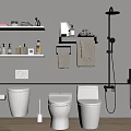 Modern Bathroom With White Toilets Urinal Shelves Towel Racks Toiletries And Shower System