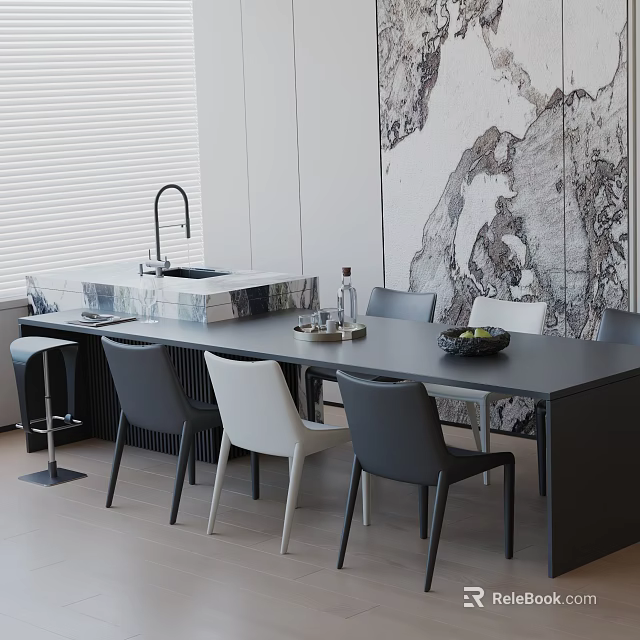 Modern Dining Table Set with Dark Gray Top White Gray Chairs Marble Bar Counter Mural 3d model 