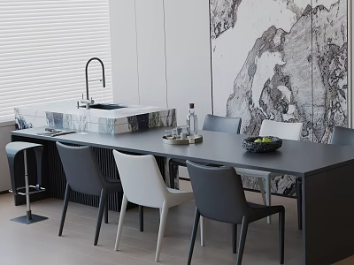 Modern Dining Table Set with Dark Gray Top White Gray Chairs Marble Bar Counter Mural 3d model