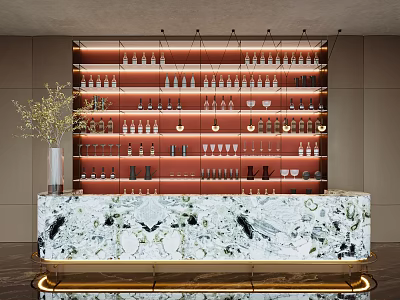 Luxury Reception Desk With Marble Countertop Red Wine Rack Wine Bottles Glasses And Gold Accents 3d model
