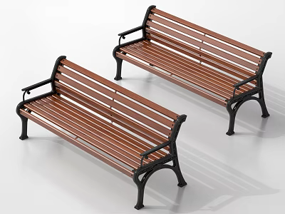 Wooden Slat Landscape Benches With Black Metal Frames For Outdoor Parks 3d model