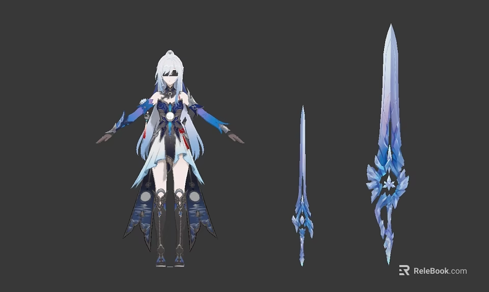 Game Character Design With White Hair Blue White Outfit And Decorative Swords 3d model 
