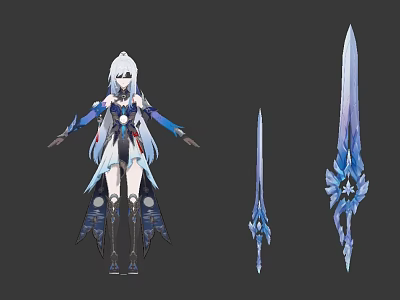 Game Character Design With White Hair Blue White Outfit And Decorative Swords 3d model