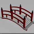 Red Garden Bridge With White Wooden Deck And Railings With Black Finials
