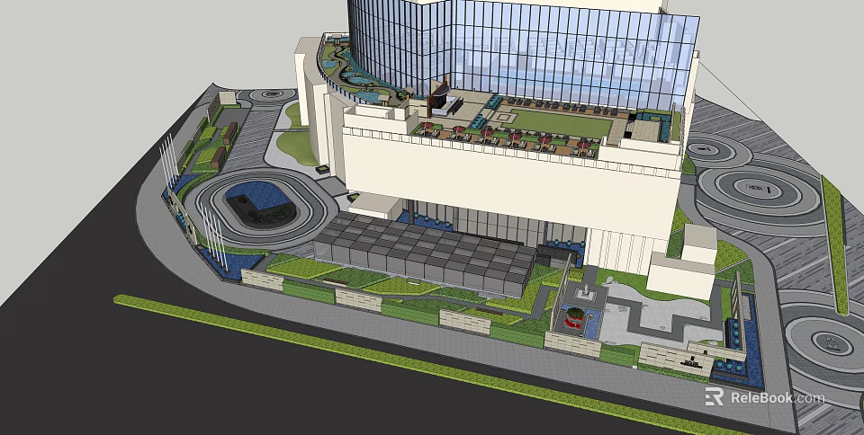 Modern Office Building With Glass Curtain Walls Green Landscaping And Entrance Driveway 3d model 