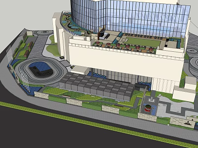Modern Office Building With Glass Curtain Walls Green Landscaping And Entrance Driveway 3d model