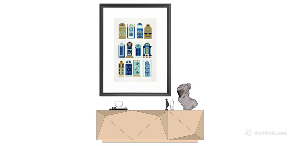 Framed Art With Colorful Window Designs On Geometric Console Table With Dog Figurine 3d model 