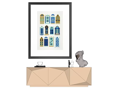 Framed Art With Colorful Window Designs On Geometric Console Table With Dog Figurine 3d model