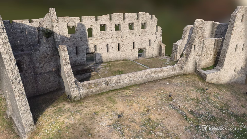Ancient Stone Ruins With Weathered Walls And Empty Window Frames On Grassy Ground 3d model 
