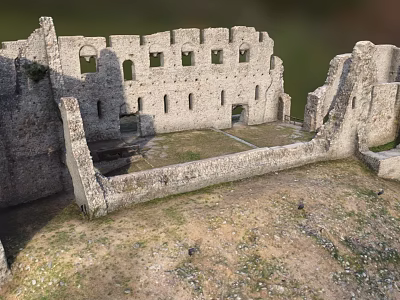 Ancient Stone Ruins With Weathered Walls And Empty Window Frames On Grassy Ground 3d model