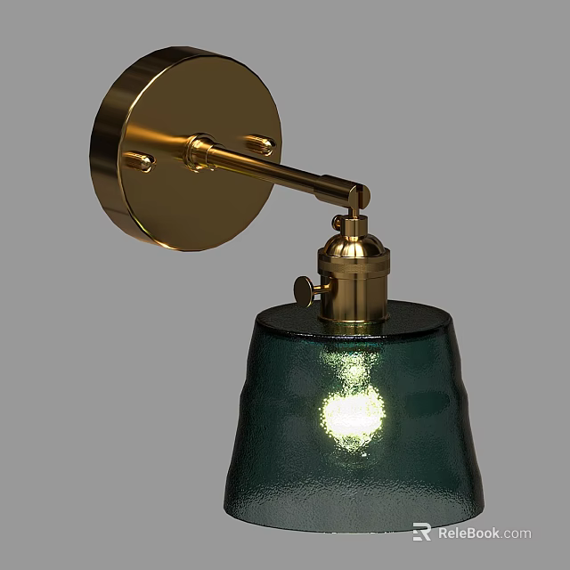 Modern Brass Wall Lamp With Green Glass Shade And Illuminated Warm Light 3d model 